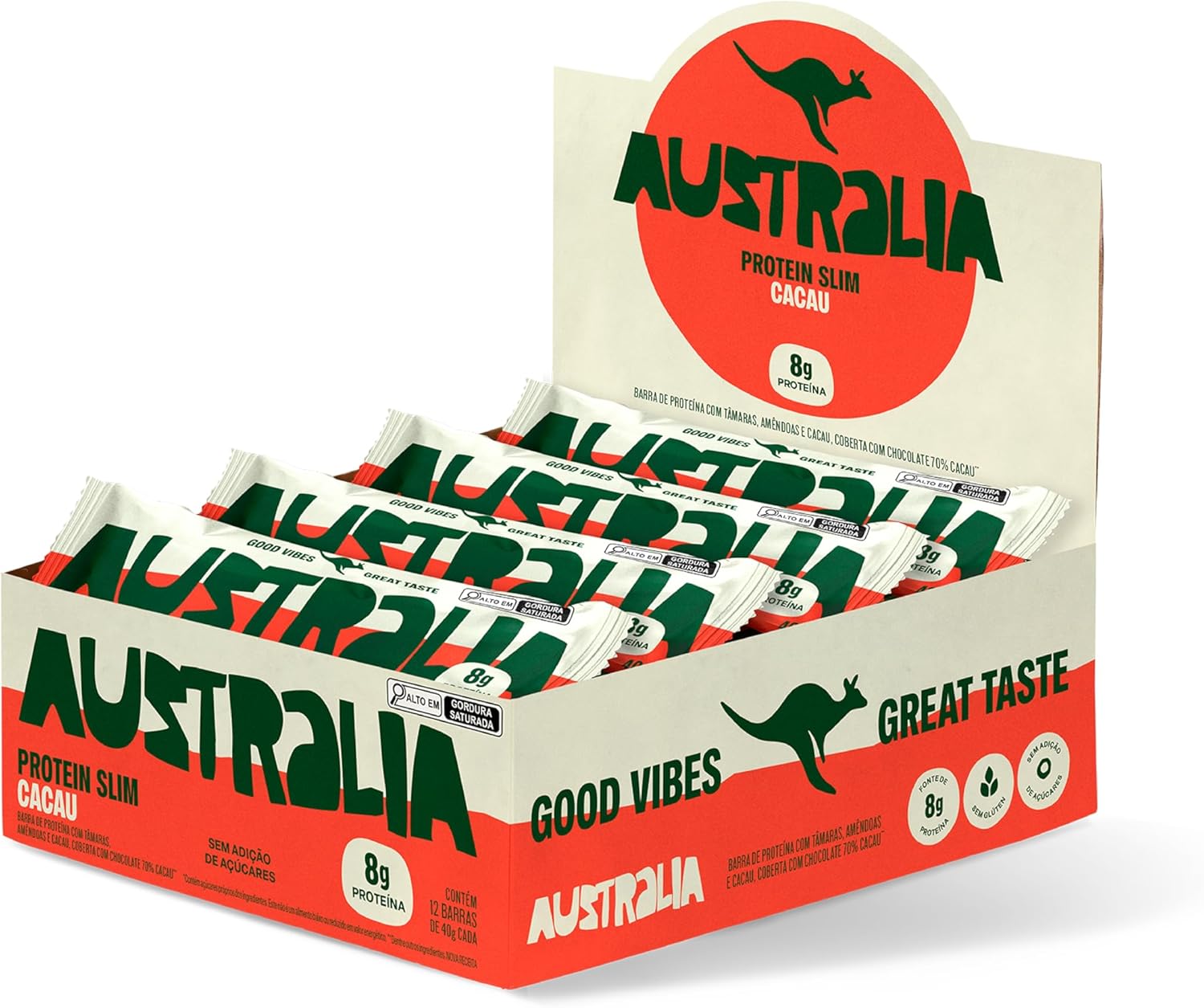 Australia Protein Slim Cacau, Barra de Proteína com 8g de Proteína, Sem Adição de Açúcares, Sem Glúten, Display com 12 unidades