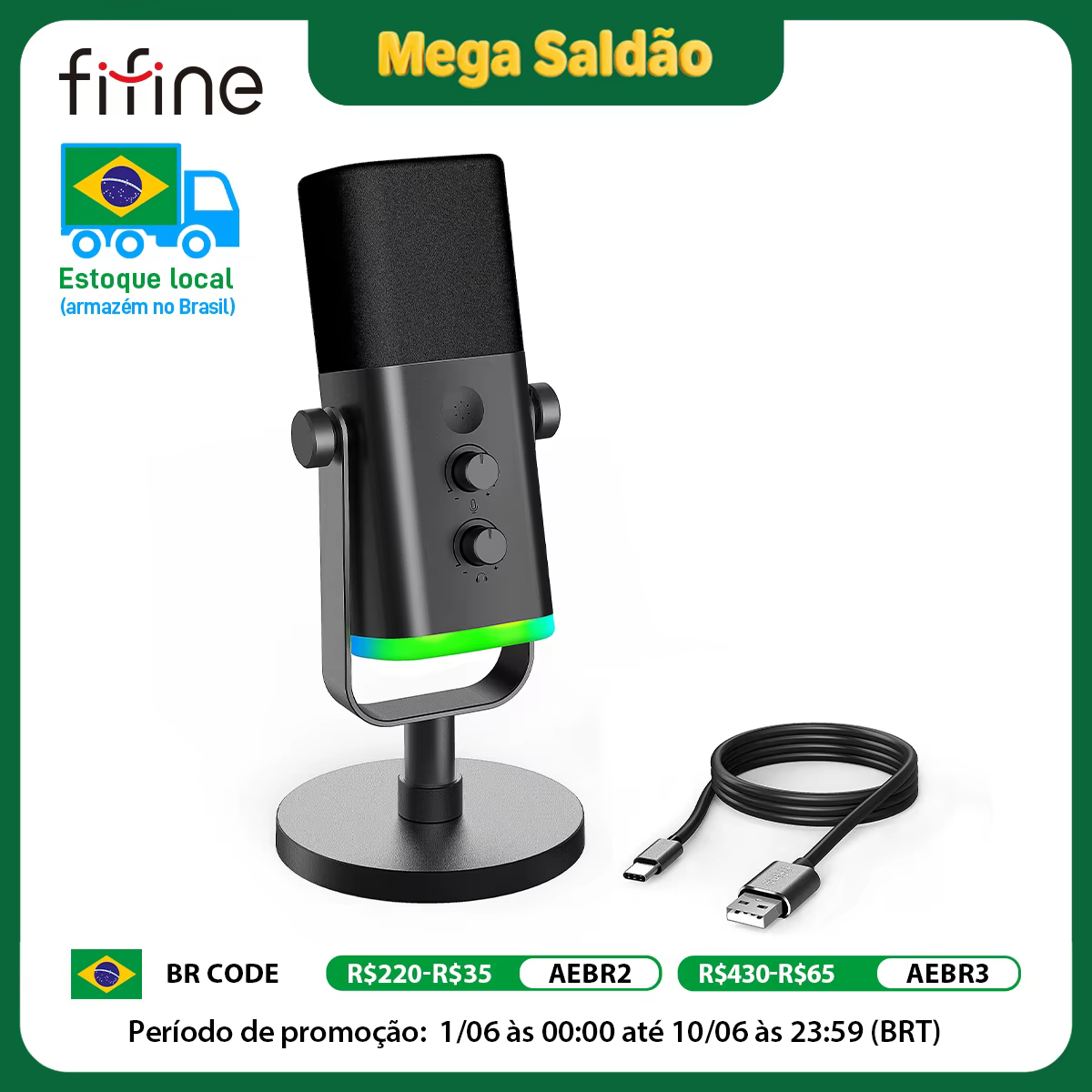 Fifine microfone dinâmico usb/xlr com controle rgb/jack de fone de ouvido/mudo, microfone para gravação de jogos de pc streaming AmpliGame-AM8